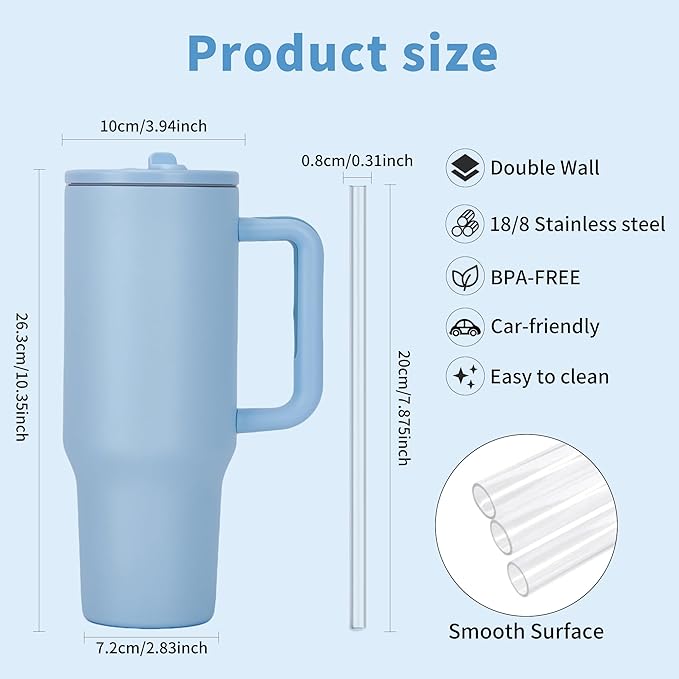 40oz Stainless Steel Insulated Tumbler with Handle & Flip Straw – Sky Blue – Keeps Drinks Hot & Cold