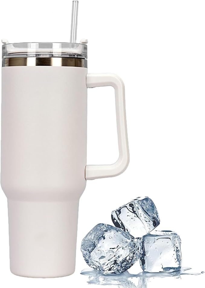 40oz Stainless Steel Insulated Tumbler with Handle & Flip Straw – Silver/Metallic – Keeps Drinks Hot & Cold