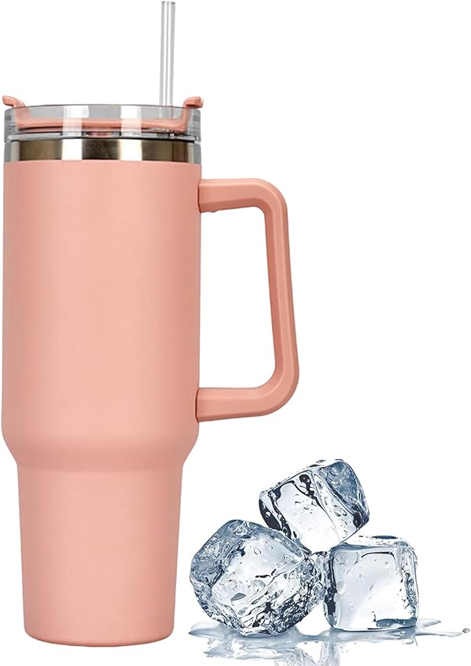 40oz Stainless Steel Insulated Tumbler with Handle & Flip Straw – Pink – Keeps Drinks Hot & Cold