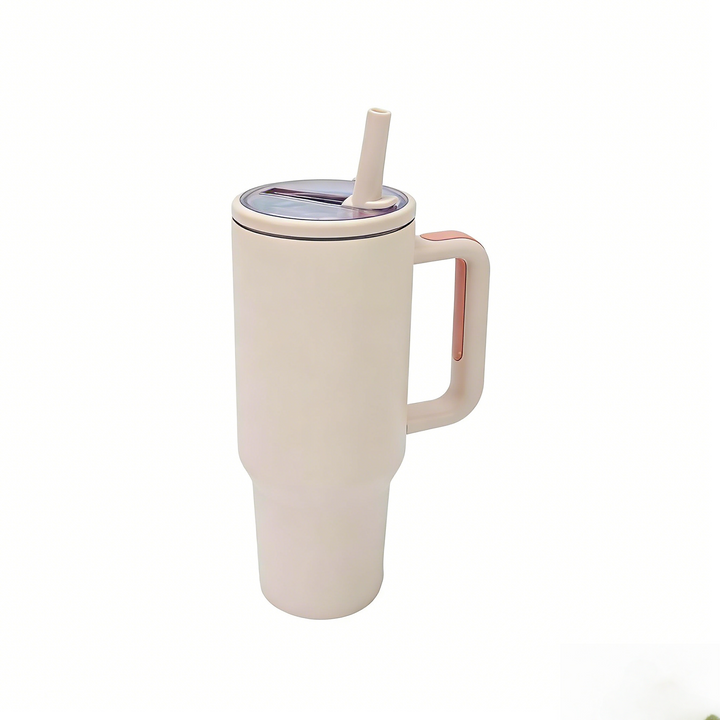 40oz Stainless Steel Insulated Tumbler with Handle & Flip Straw –  Rose Quartz – Keeps Drinks Hot & Cold