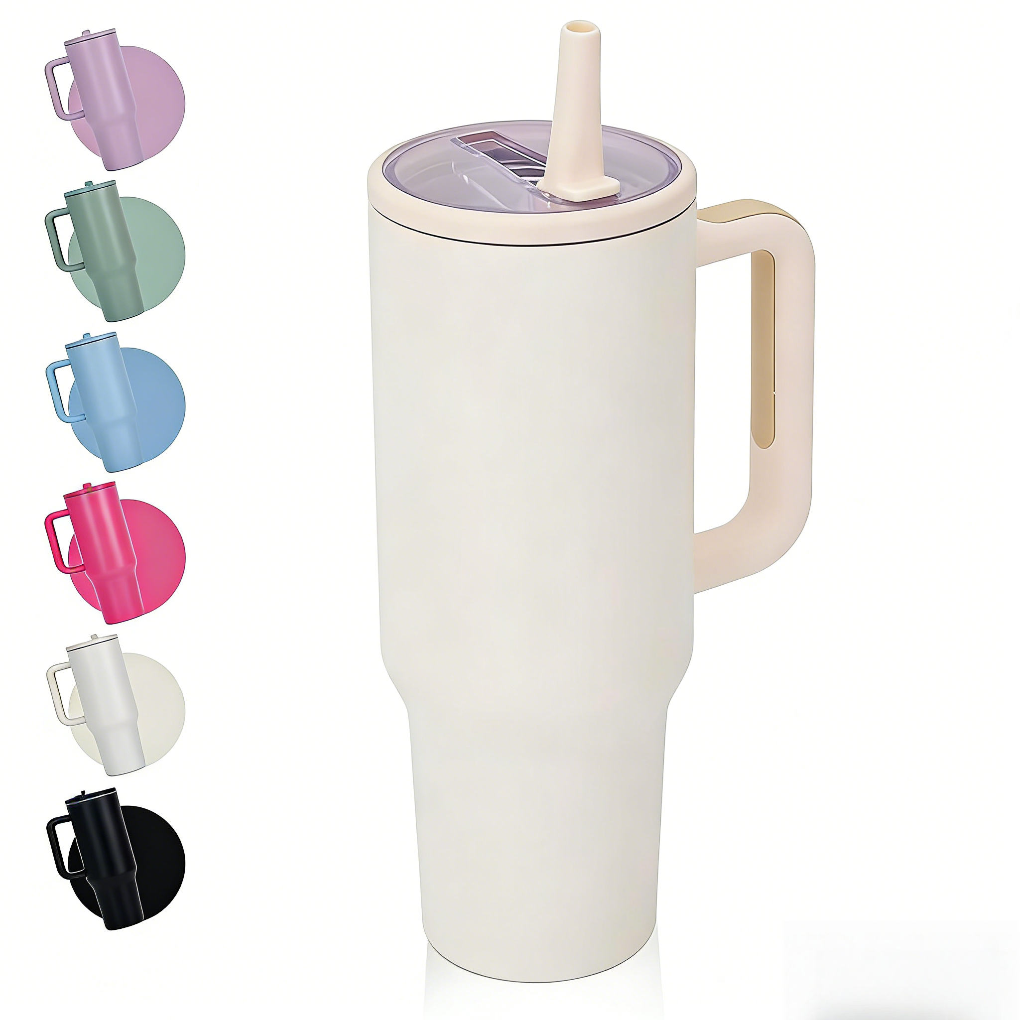 40oz Stainless Steel Insulated Tumbler with Handle & Flip Straw – Cream White – Keeps Drinks Hot & Cold