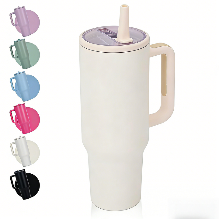 40oz Stainless Steel Insulated Tumbler with Handle & Flip Straw – Cream White – Keeps Drinks Hot & Cold